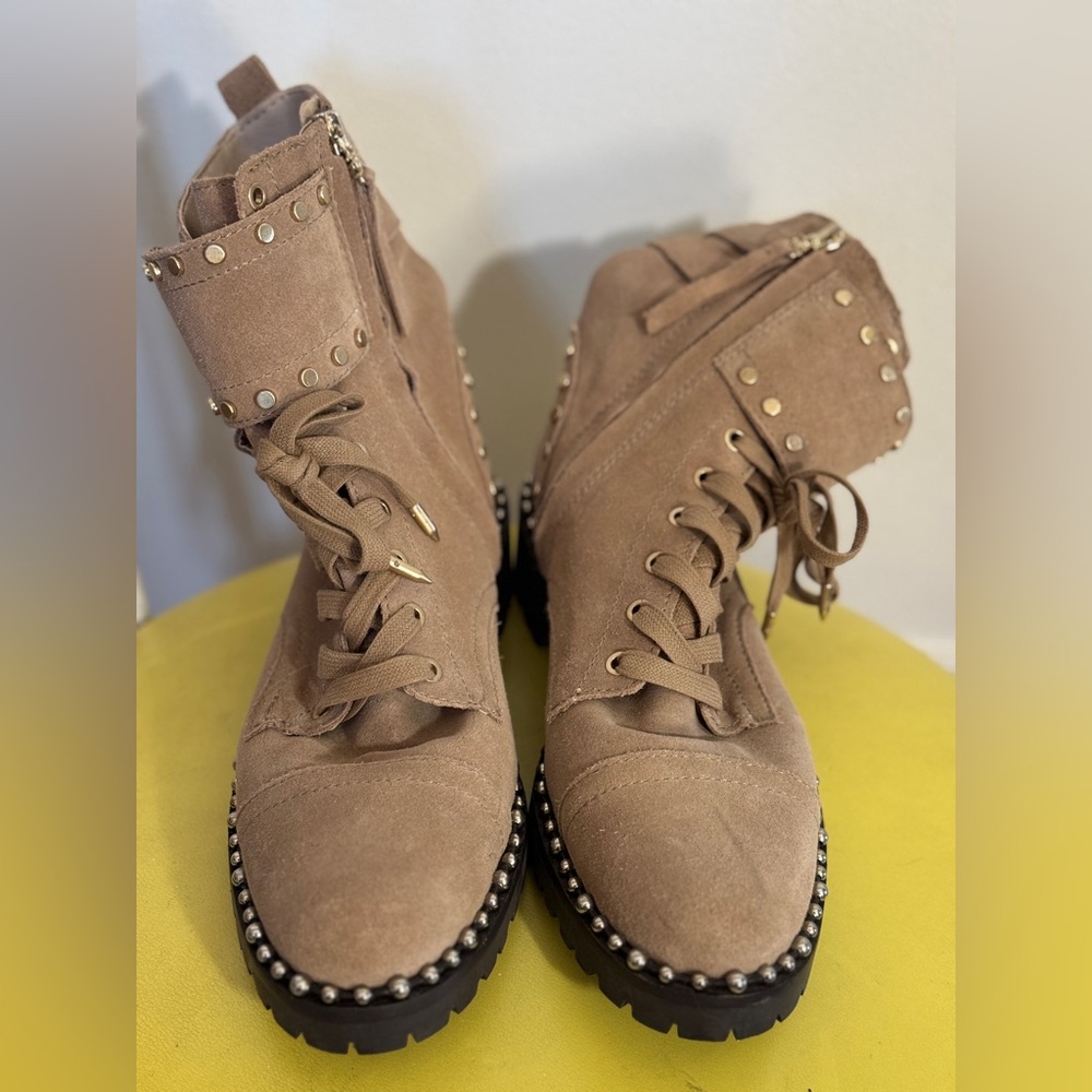 Tan suede studded combat boots